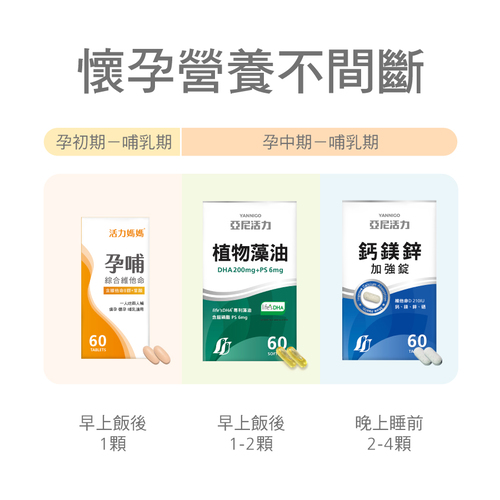 【孕期營養聰明組】孕哺綜合維他命+藻油DHA+鈣鎂鋅