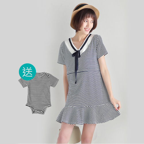 白領條紋魚尾哺乳親子裝(連身裙+贈包屁衣)
