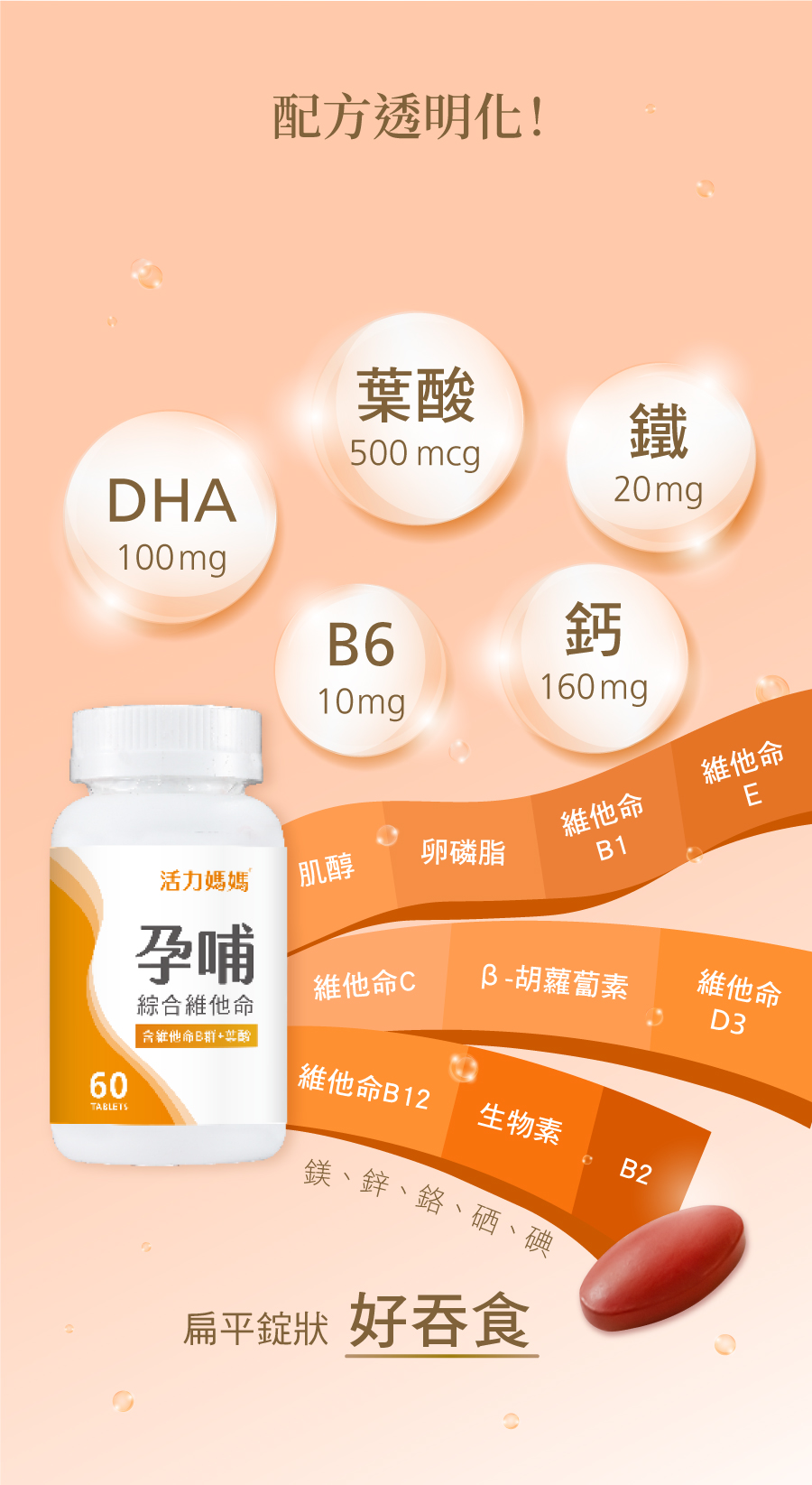 活力媽媽孕哺綜合維他命含孕初期必備足量葉酸500mcg,DHA100mg、鐵、鈣、B6等綜合營養,最讓你安心的孕婦維他命 活力媽媽孕哺綜合維他命含孕初期必備足量葉酸500mcg,DHA100mg、鐵、鈣、B6等綜合營養,最讓你安心的孕婦維他命
