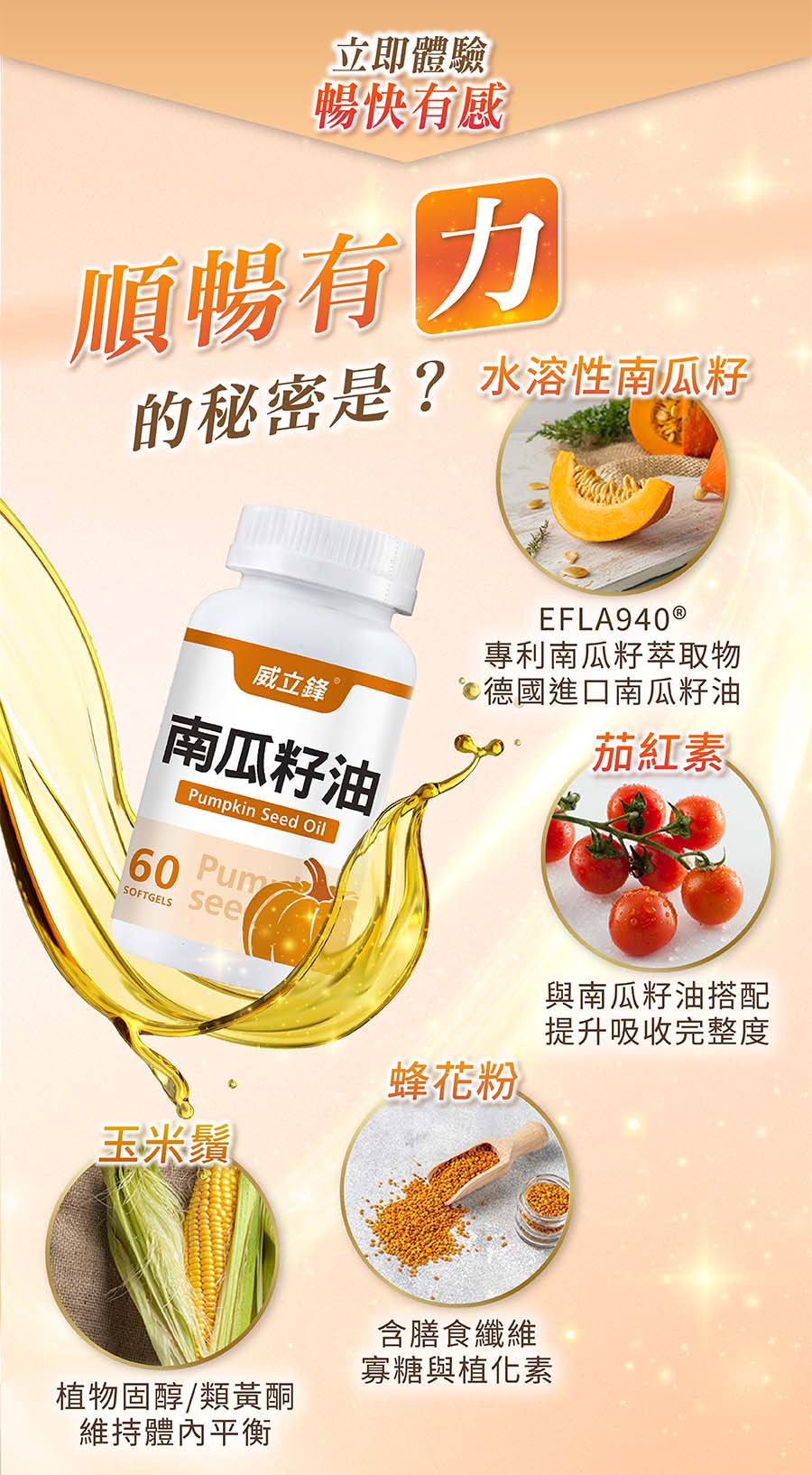 威立鋒南瓜籽油順暢有力的秘密是？添加專利南瓜籽油與萃取物、茄紅素、玉米鬚及蜂花粉等複方營養成份，讓你如噴泉般順暢