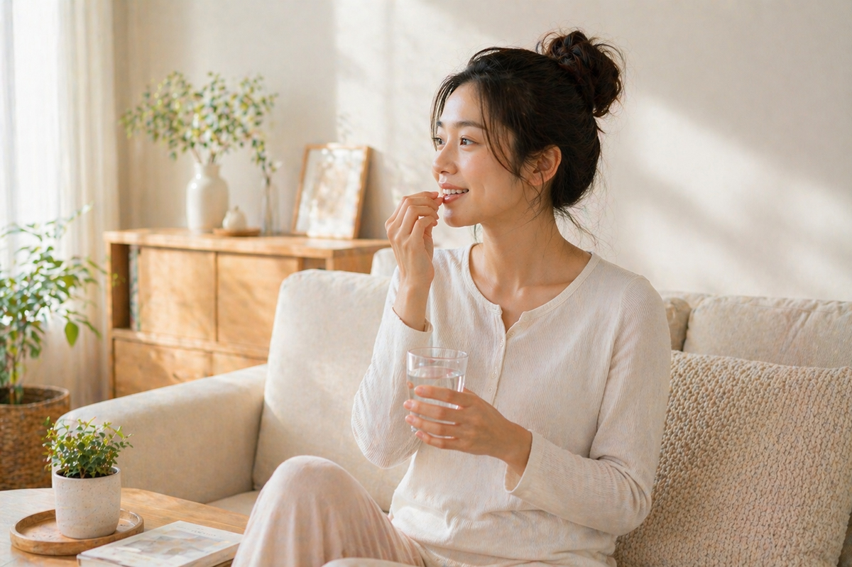 一個患有多囊性卵巢症候群的亞洲女生在吃肌醇保健食品來調理多囊