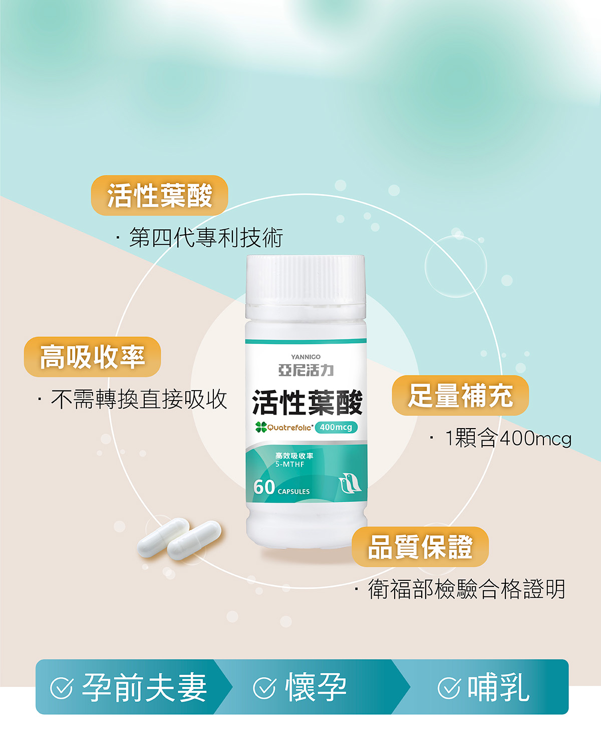 亞尼活力活性葉酸優點：使用第四代超級活性葉酸專利技術、高吸收率，不需轉換人體可直接利用、一顆含400mcg活性葉酸，營養足量補充、產品有衛福部檢驗合格證明，安心有保障。