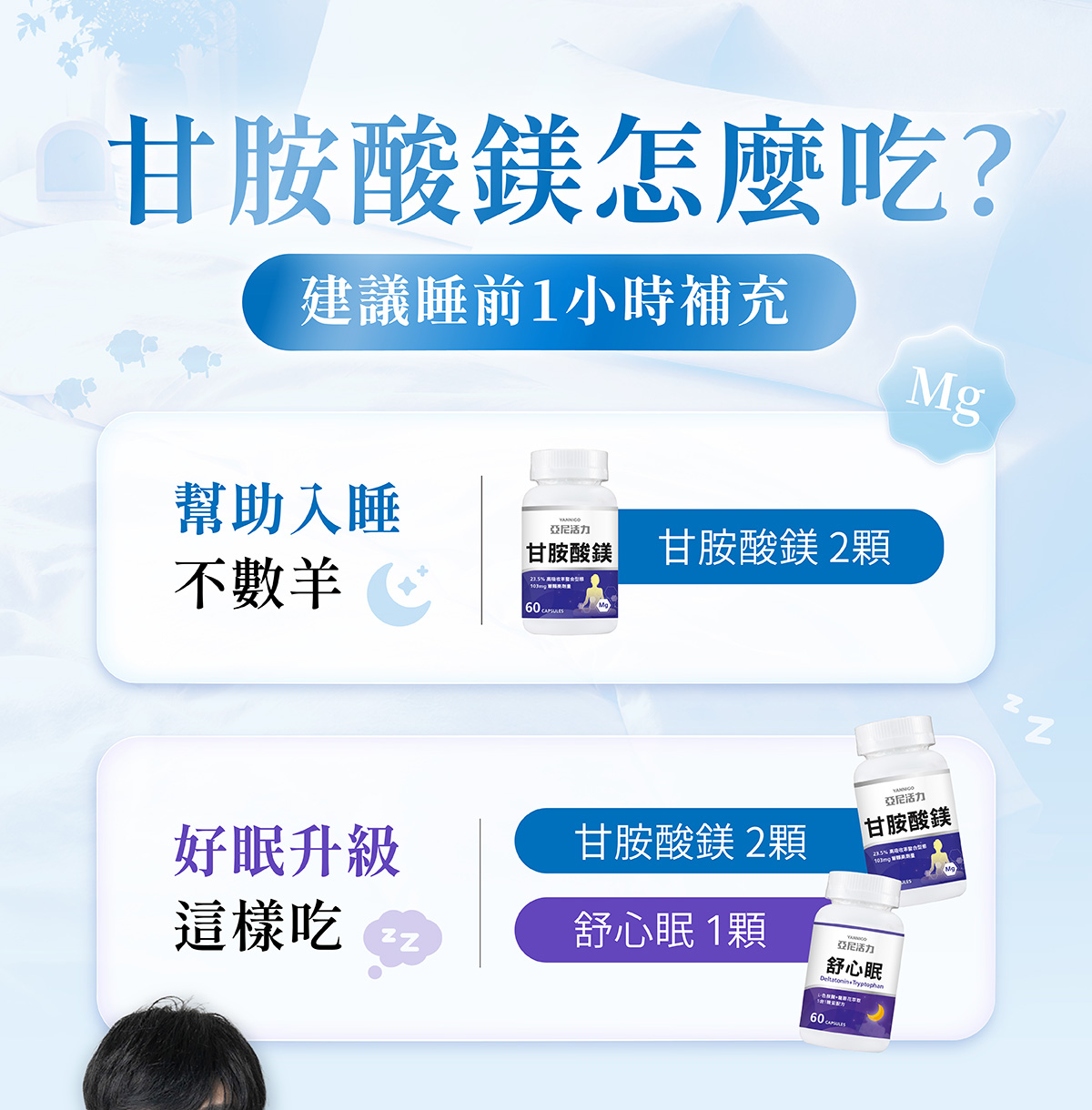 建議睡前一小時補充甘胺酸鎂,好眠升級再搭配亞尼活力舒心眠 建議睡前一小時補充甘胺酸鎂,好眠升級再搭配亞尼活力舒心眠
