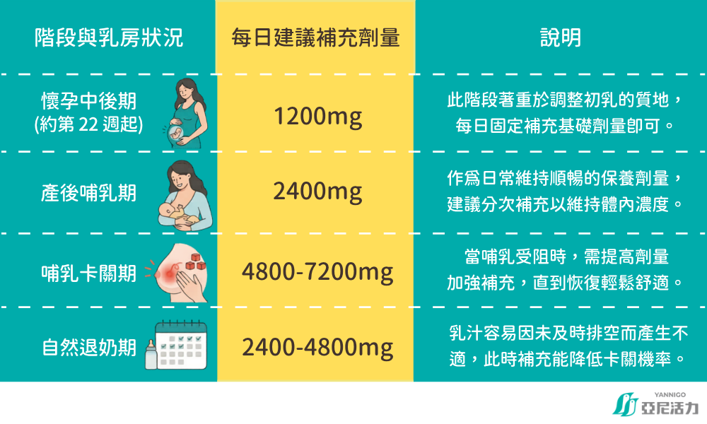 卵磷脂mg劑量對照表：完整公開懷孕中後期1200mg、產後哺乳2400mg、塞奶卡關期4800~7200mg之國際建議毫克數。