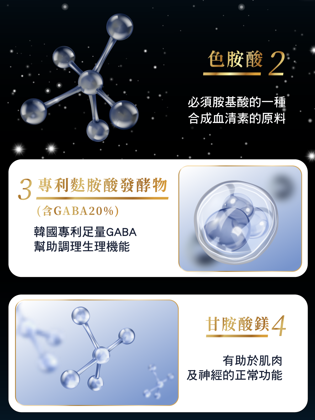 色胺酸、專利麩胺酸發酵物(含GABA20%)、甘胺酸鎂可幫助入睡